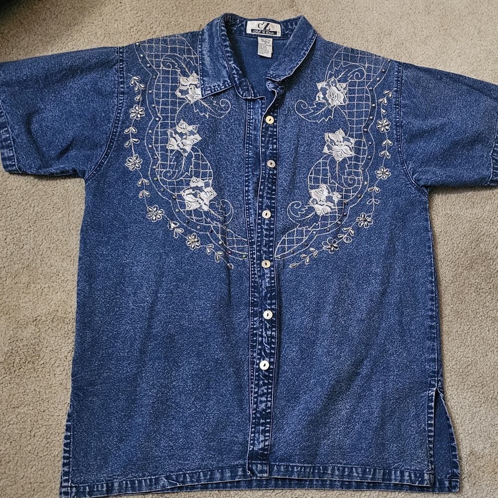 Blue Denim Shirt with White Embroidery